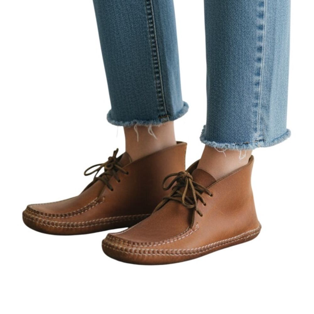 Vintage Handmade Brown Leather Moccasin Chukka Lace Up Ankle Boot Boho Womens 7